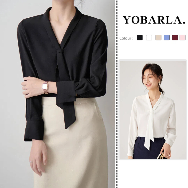 เสื้อเชิ้ตแขนยาวผู้หญิง ผ้าซาตินนุ่ม ใส่สบาย ระบายอากาศดี คอวี ได้พรางหุ่น ดีไซน์เกาหลี