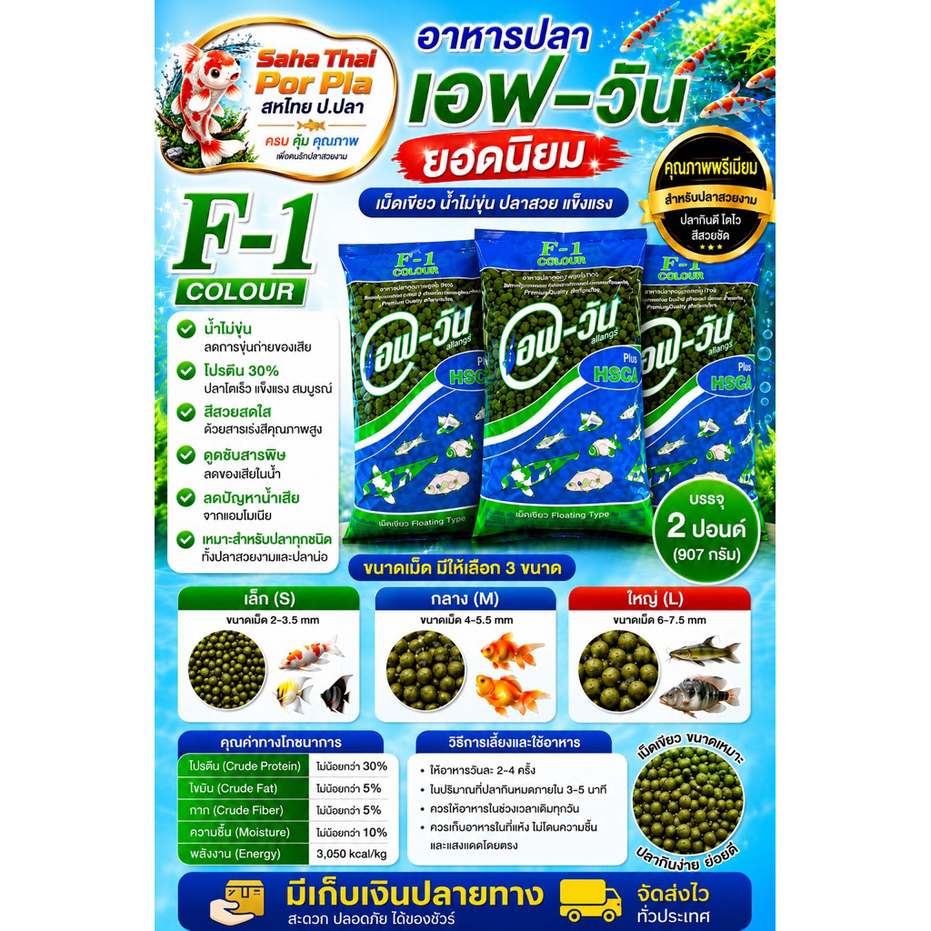 อาหารปลาสวยงาม F-1 Colour เม็ดเขียว เหมาะสำหรับปลาสวยงามทุกชนิด บรรจุ 2ปอนด์(907กรัม)