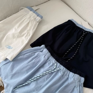 cherryshop พร้อมส่ง กางเกงขาสั้นสีน้ำเงินเชือกผูกเอวสไตล์เกาหลีสำหรับผู้หญิงที่สวมใส่สบายในช่วงฤดูร้อน