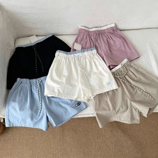 cherryshop พร้อมส่ง กางเกงขาสั้นสีน้ำเงินเชือกผูกเอวสไตล์เกาหลีสำหรับผู้หญิงที่สวมใส่สบายในช่วงฤดูร้อน