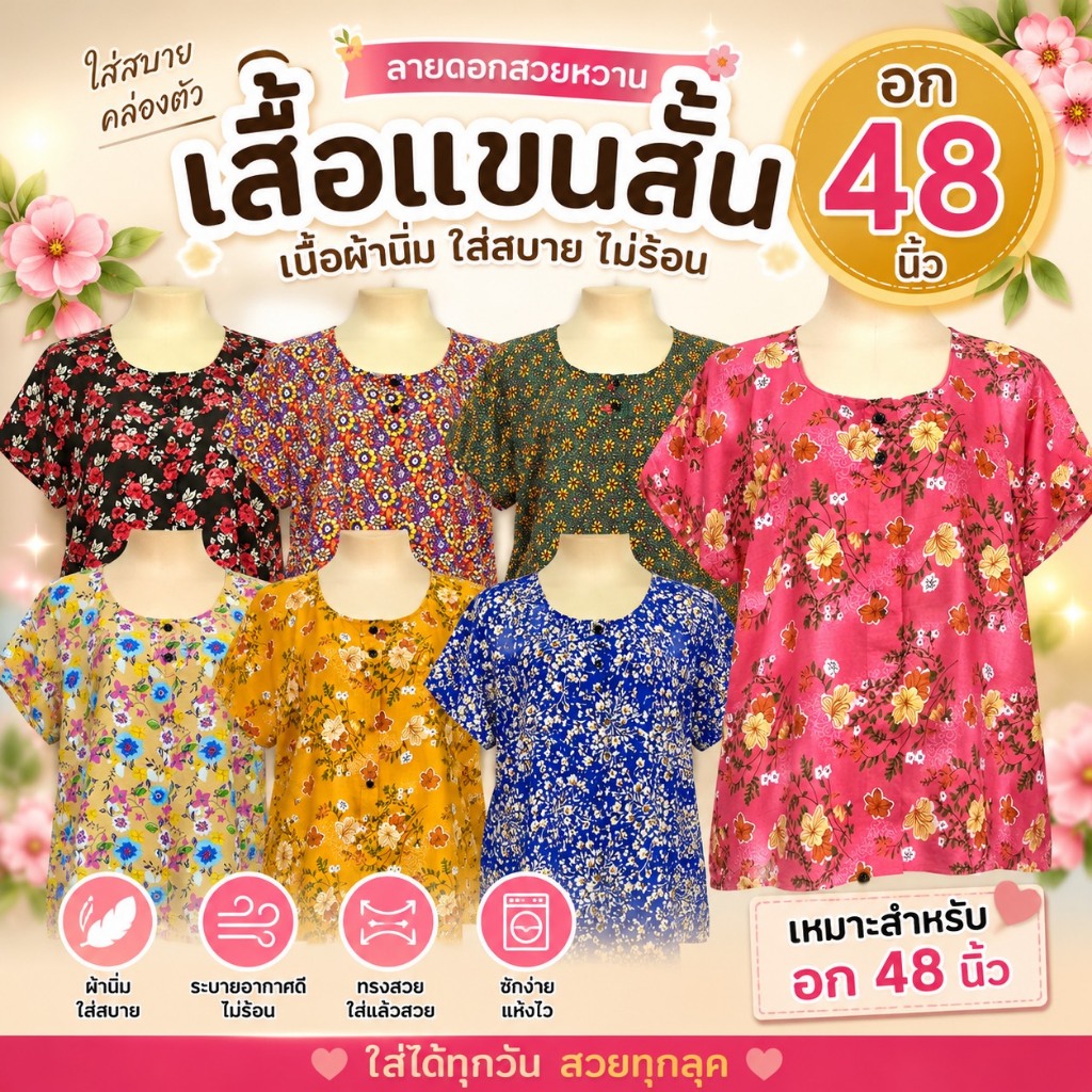 เสื้อแขนสั้น ผ้าสปัน เสื้อผู้หญิง สำหรับคนแก่ คนอ้วน P08