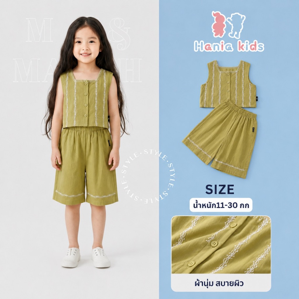 Hania Kids พร้อมส่ง ชุดเซ็ตเสื้อ+กางเกง ปักลายดอกไม้ ชุดเซ็ตสำหรับเด็กผู้หญิง ผ้าฝ้าย  K5125636