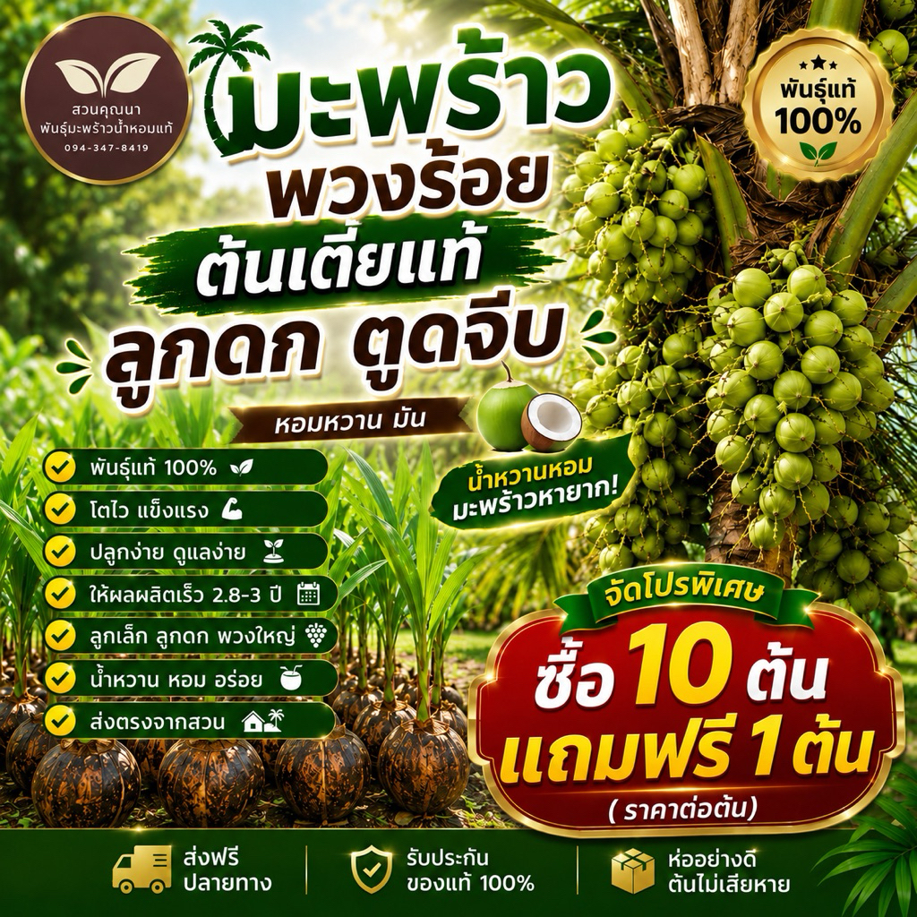 10 ต้นแถม 1 ต้น(ต้นละ75.-) มะพร้าวพวงร้อยต้นเตี้ย ลูกดกมาก