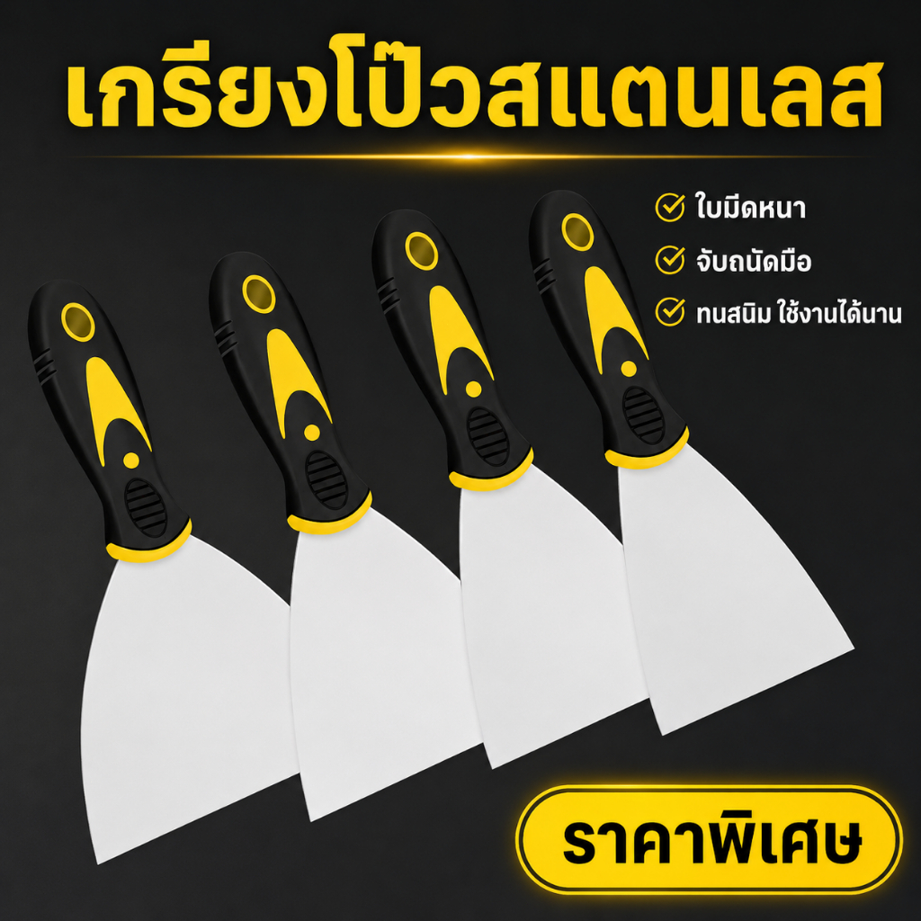 เกรียงโป๊ว/เกรียงฉาบ คมสแตนเลส ใช้ปาดโป๊ว ปาดปูน ขูดทำความสะอาด ฉาบสี งานซ่อมผนัง อุดร่อง เครื่องมือช่างทาสี แข็งแรง ทนท