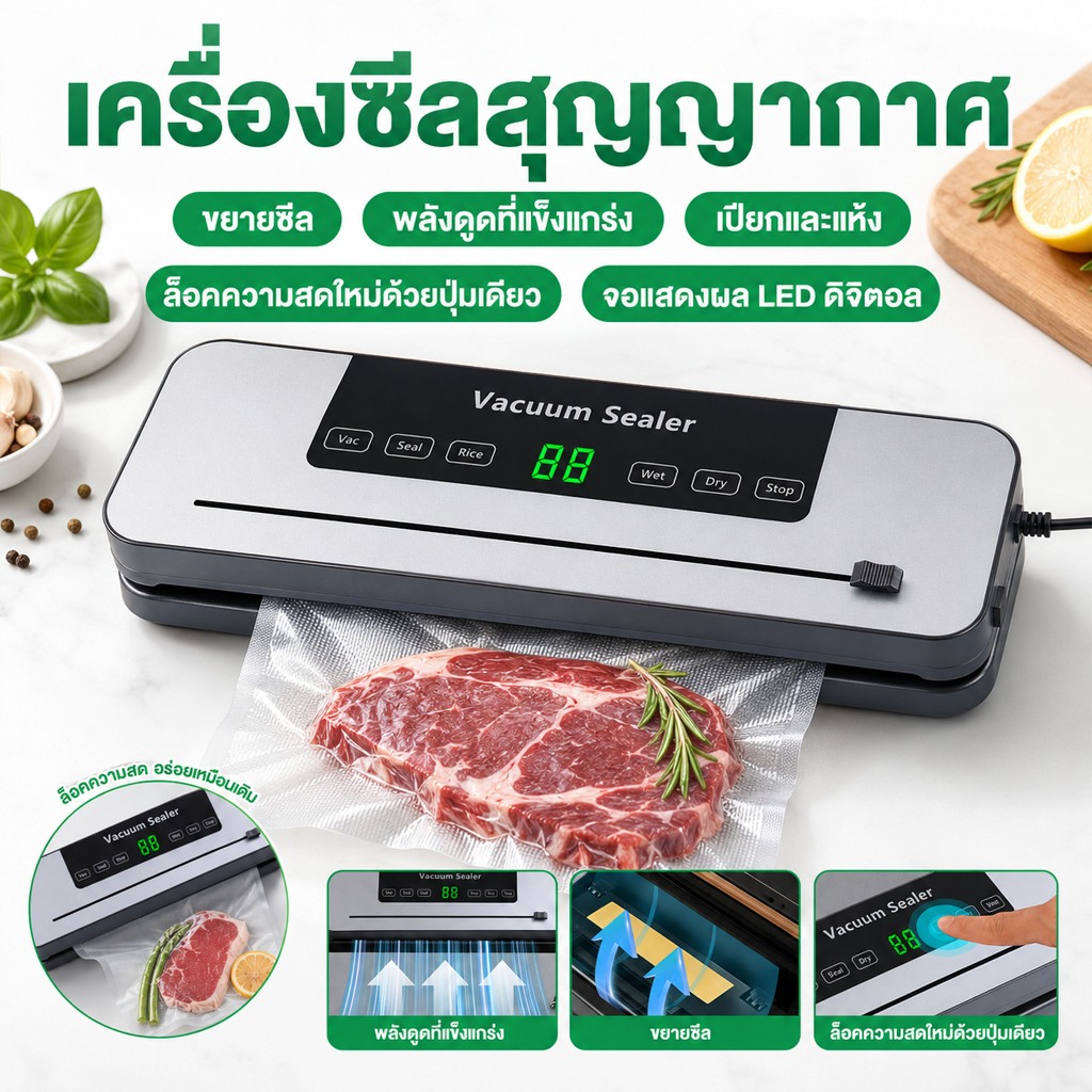 เครื่องซีลสูญญากาศ เครื่องซีลอาหารอัตโนมัติ ถนอมอาหาร แห้งเปียก ซีลกว้าง 30cm พร้อมถุง 10 ใบ