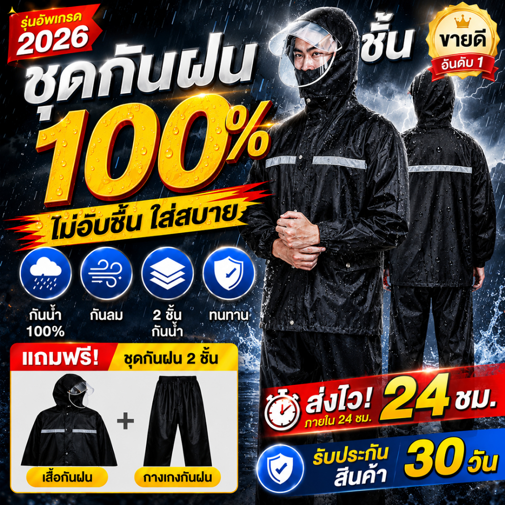รับประกัน1ปี เสื้อกันฝน กันน้ำ เสื้อคลุมฝน พกพาสะดวก น้ำหนักเบา สำหรับผู้ชาย ผู้หญิง Raincoat กันน้ำ 100%