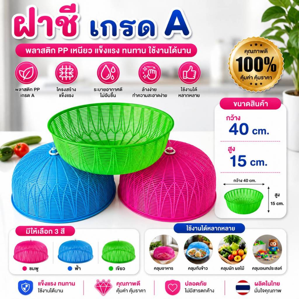 ( แพค3ใบ/แพค12ใบ ) ฝาชีครอบอาหาร ฝาชีเกรดเอ ขนาด40cm