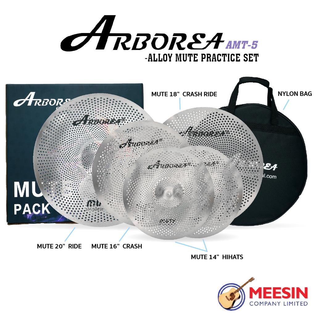 ARBOREA ชุดแฉ รุ่น AMT-5 แฉมิ้ว Mute Cymbals สีเงิน ประกอบด้วย 14" Hihat 1 คู่ และ 16"Crash, 18"Cras