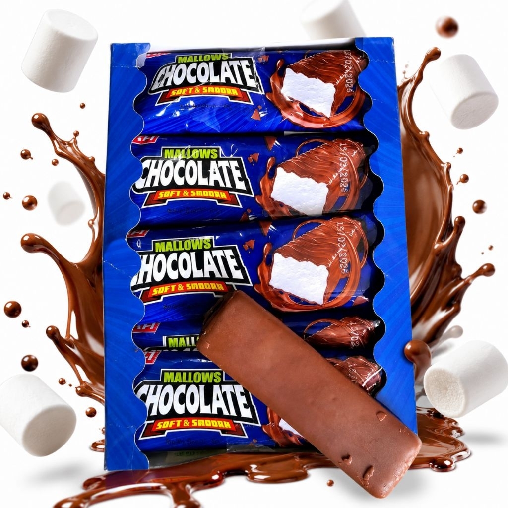 MALLOWS CHOCOLATE มาร์ชเมลโล่ว์เคลือบช็อคโกแลต มีฮาลาล