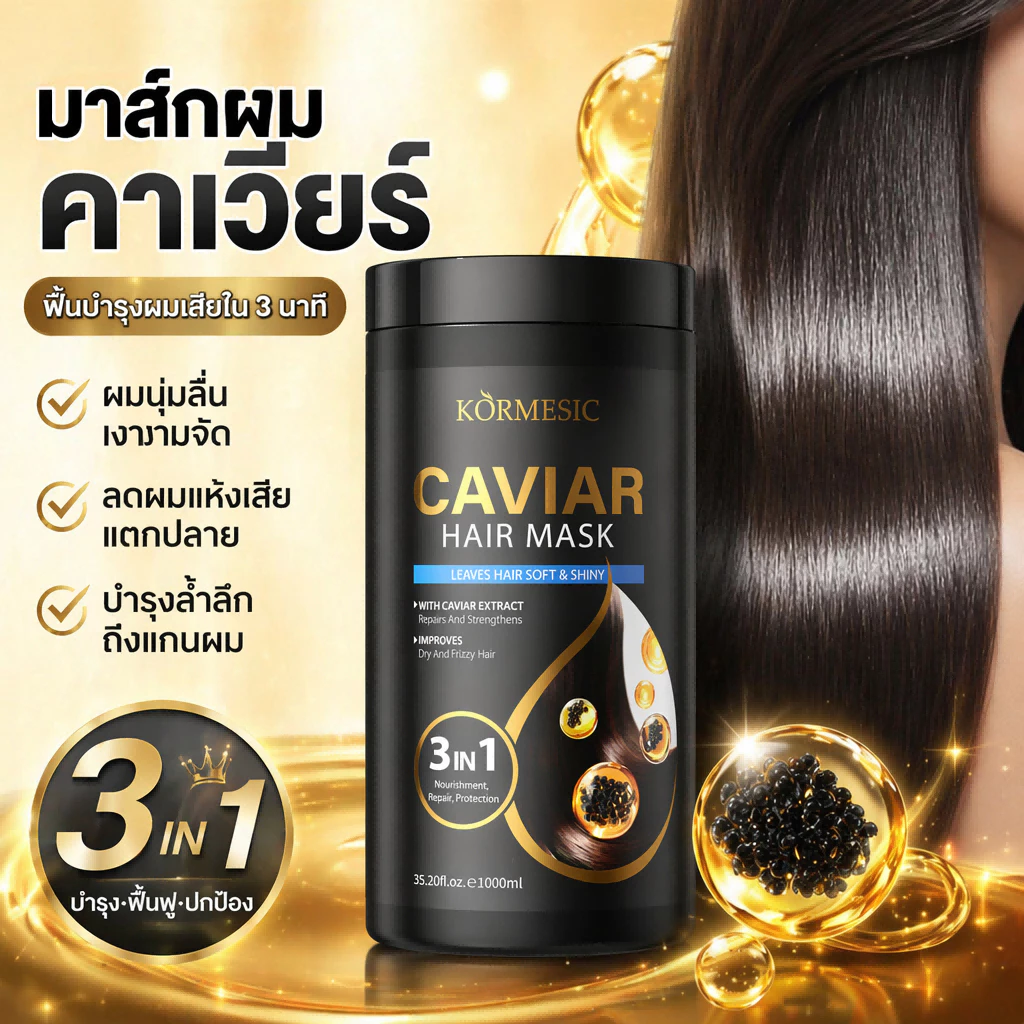 ครีมหมักผม 1000ML ด้วยคาเวียร์และเคราตินสด ช่วยแก้ผมฟู ให้ผมเรียบตรงเนียนสวย