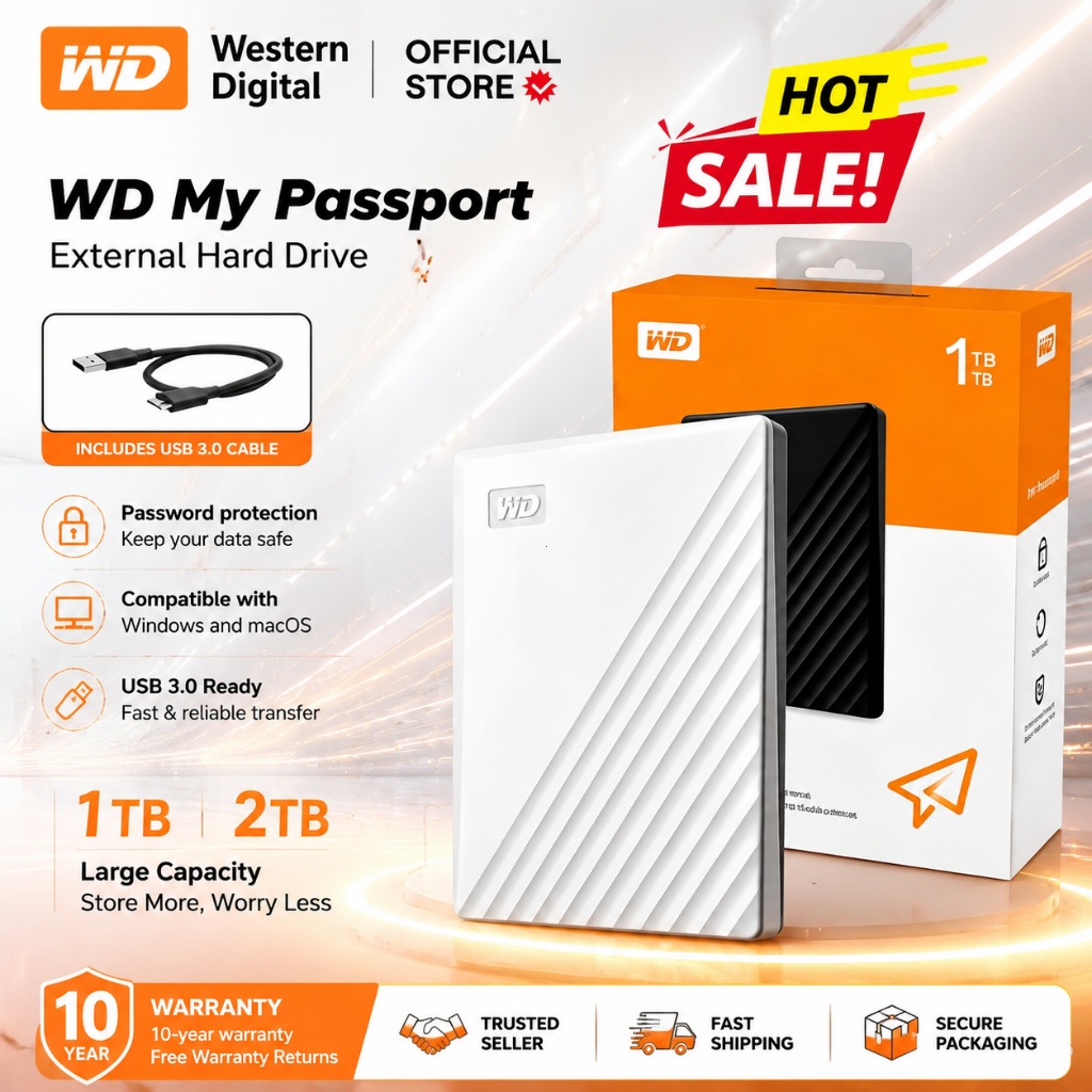 【จัดส่งภายใน 24 ชั่วโมง】Western Digital HDD 1TB 2TB External Harddisk  ฮาร์ดดิสพกพา HDD USB 3.0 รุ่น  10-year wa