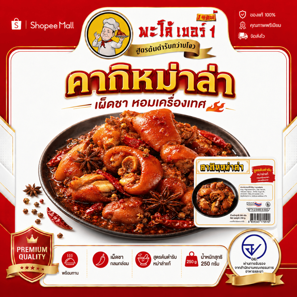 พะโล้ เบอร์1 คากิหม่าล่า ขาหมูหม่าล่าเผ็ดชา หอมเครื่องเทศ พร้อมทาน ผลิตในไทย 0% วัตถุกันเสีย เมนูมื้อดึกสุดฟิน 250g