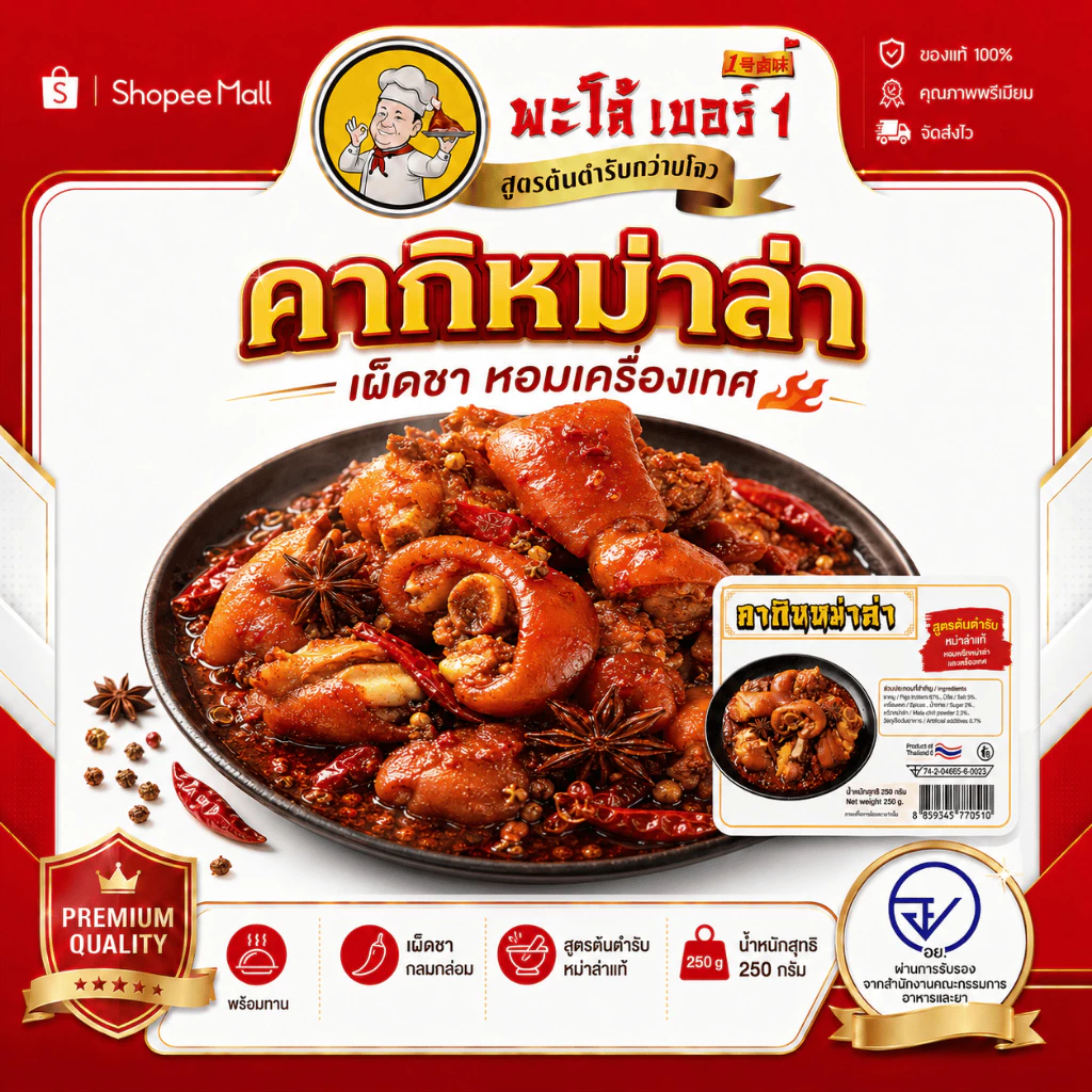 พะโล้ เบอร์1 คากิหม่าล่า ขาหมูหม่าล่าเผ็ดชา หอมเครื่องเทศ พร้อมทาน ผลิตในไทย 0% วัตถุกันเสีย เมนูมื้อดึกสุดฟิน 250g