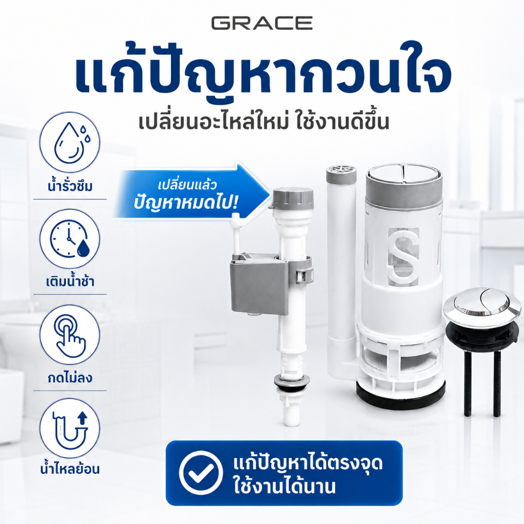 Grace อะไหล่ชักโครก ชุดแกนน้ำเข้า-น้ำออก พร้อมลูกลอยในตัว (1/2 นิ้ว) รุ่นประหยัดน้ำ มีปุ่มกด คุณภาพดี ลูกลอยอัตโนมั