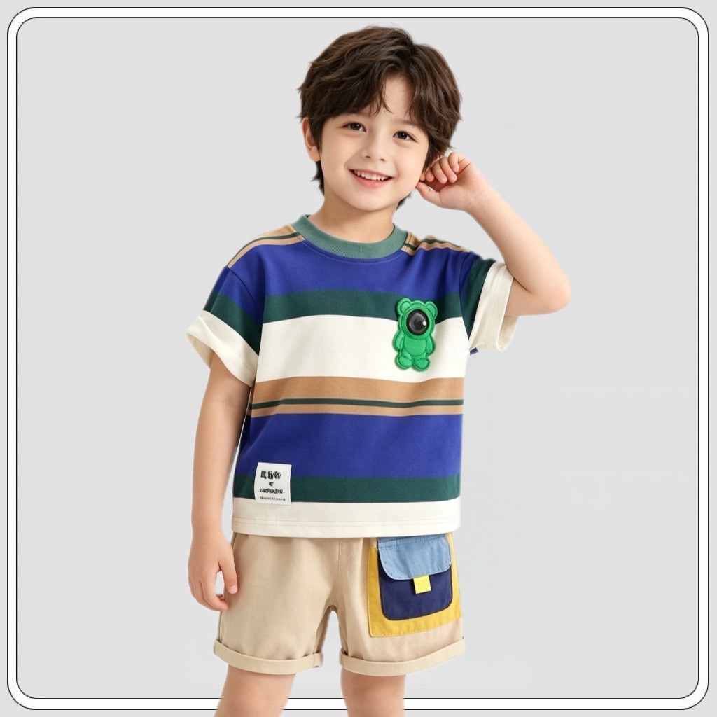 MC334  ชุดเด็กชายหล่อเท่ เสื้อยืดลายทาง กางเกงขาสั้นใส่สบาย