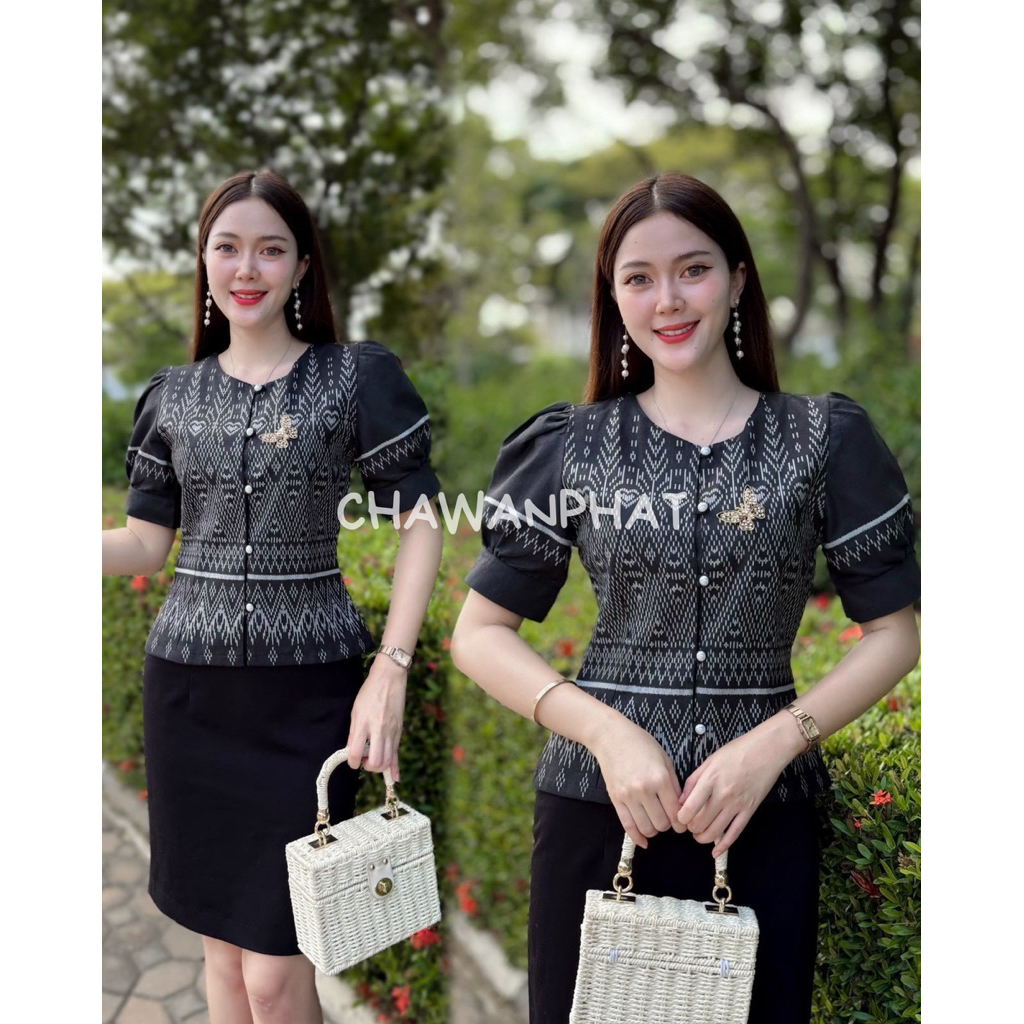 [อก 34-46] 🖤𝙅𝙏 เสื้อคอจีนผ้าฝ้ายพิมพ์ลายไทย คอกลม แขนตุ๊กตา แต่งกระดุมมุก