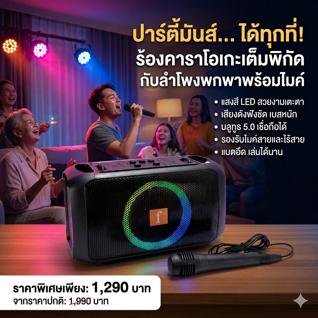 ลำโพงบลูทูธปาร์ตี้ PARTYBBX รุ่น R-119 ฟรี! ไมโครโฟน เบสหนักสะใจ พลังเสียง 10W ไฟ RGB แบตอึด 4000mAh