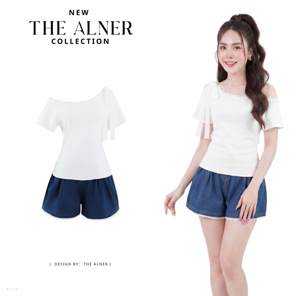 Thealner-AN419 (เซตเสื้อขาวแต่งโบว์ไหล่กางเกงยีนส์ขาสั้น)