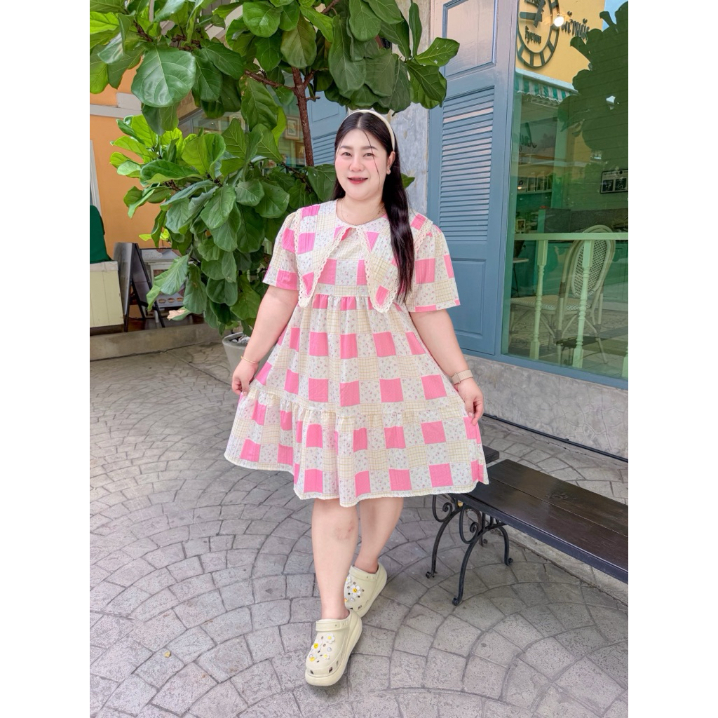 CC20เดรสสาวอวบลายตารางพาสเทลแต่งลูกไม้สไตล์เกาหลีทรงปล่อยพรางหุ่นอกใหญ่ใส่ได้เดรสไซซ์ใหญ่ลุคคุณหนูหวานละมุน