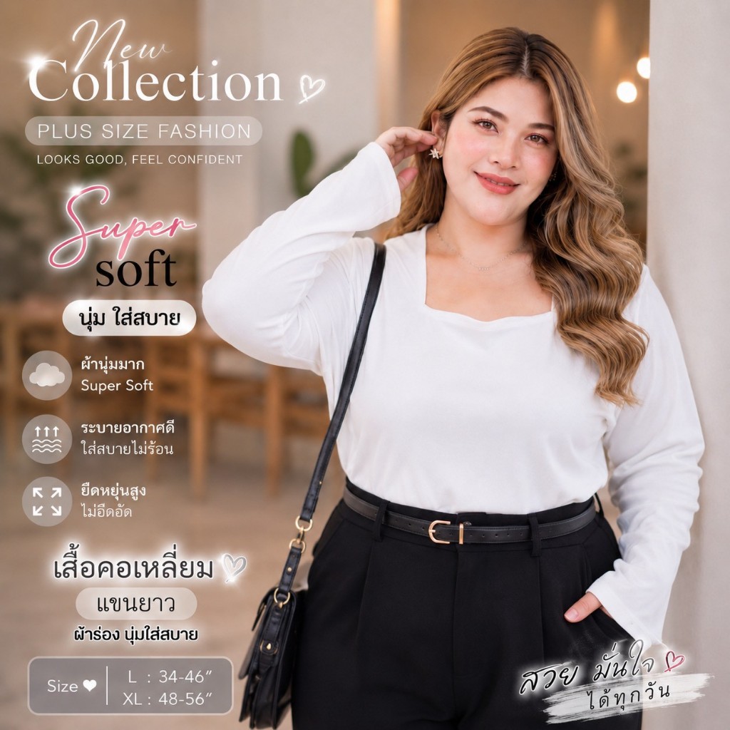 [ นุ่มพิเศษ X3 ] เสื้อคอเหลี่ยมผ้าร่องแขนยาว เสื้อแขนยาวไซส์ใหญ่ พลัสไซส์ ผ้านุ่ม ใส่สบาย มี 2 ไซส์ แมทชุดง่าย A074/A274