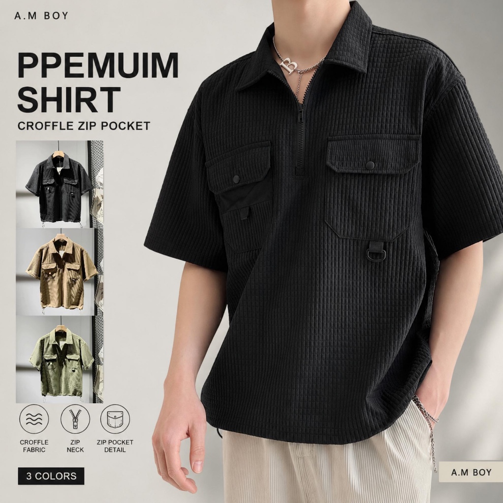 A.M BOY [เอเอ็ม บอย] PREMIUM SHIRT CROFFLE ZIP POCKET เชิ้ตแขนสั้นซิปหน้าผ้าลายครอฟเฟิล 2กระเป๋า G8071