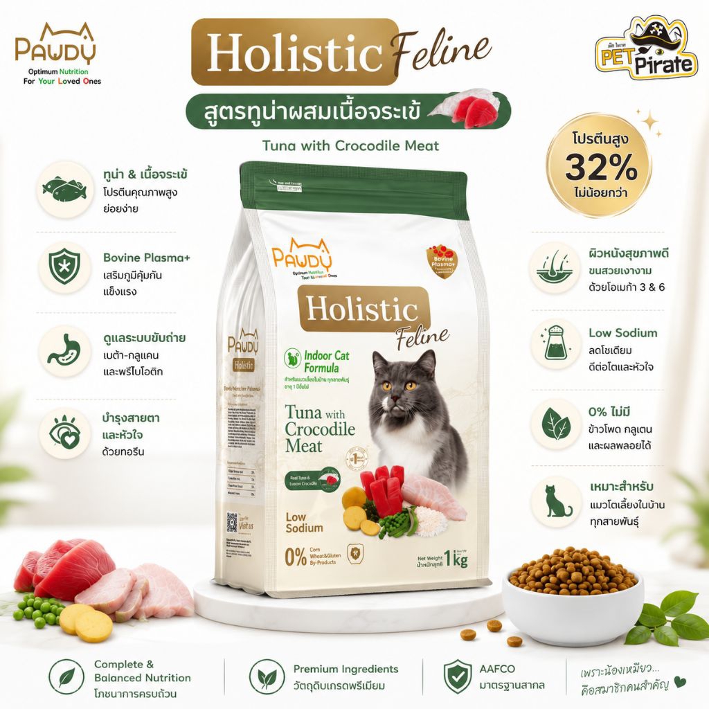 Pawdy Holistic อาหารแมวเลี้ยงในบ้าน โฮลิสติก เกรดพรีเมียม โซเดียมต่ำ สูตรทูน่าผสมเนื้อจระเข้ 1 กก.