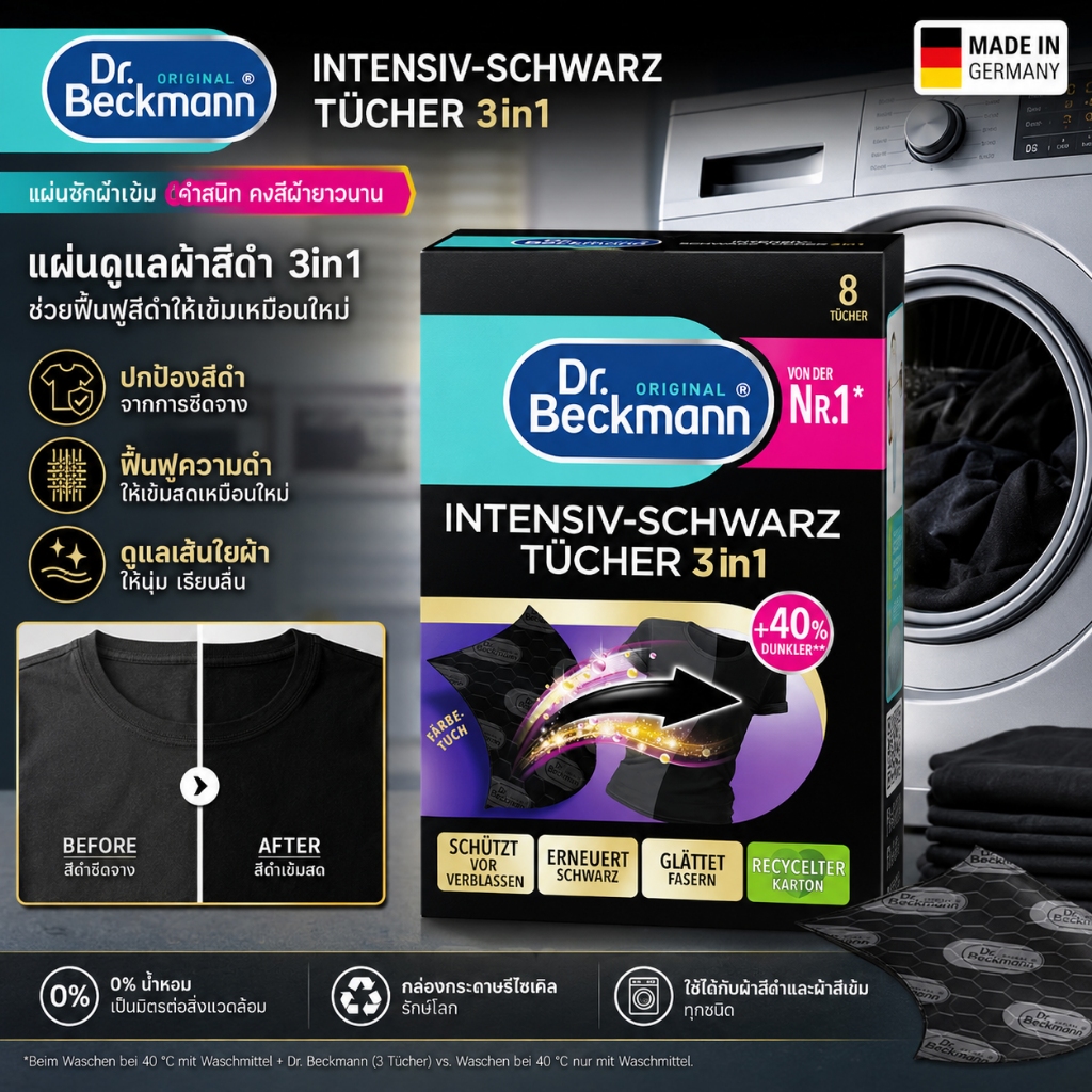 🇩🇪 Dr. Beckmann แผ่นที่จะช่วยไม่ให้เสื้อผ้าสีดำซีดจาง Dr.Beckmann Farbtücher Intensiv-Schwarz 3in1 สินค้าจากเยอรมัน