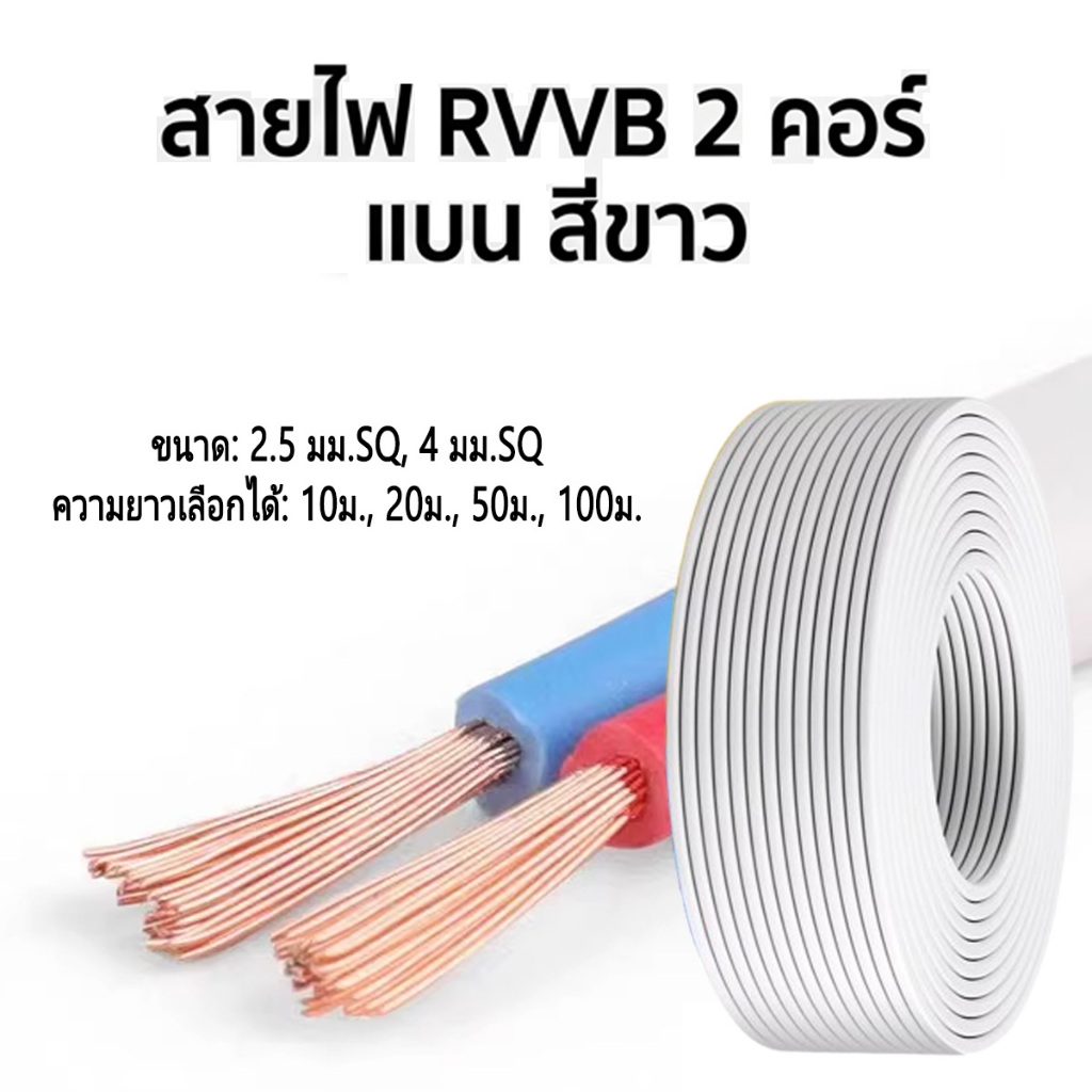สายไฟ RVVB 2 แกน แบบแบน สีขาว ขนาด 2.5/4 มม.SQ สำหรับงานกลางแจ้ง กันน้ำ กันแดด ทนความเย็นจัด