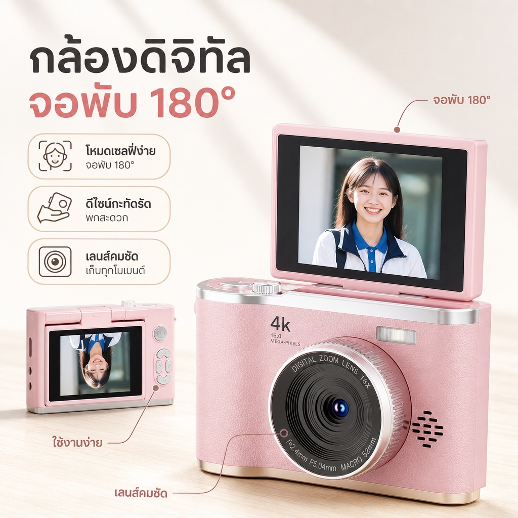 กล้องดิจิตอล - กล้องดิจิตอลถ่ายภาพ 180° หน้าจอพลิกพร้อม ใช้งานสะดวก รายละเอียดครบ