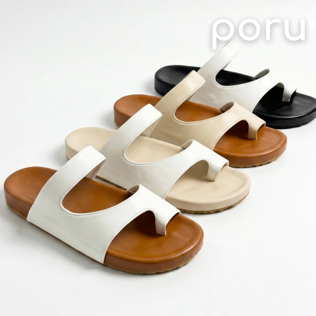 PORU รองเท้าแตะคีบโป้งผู้หญิง ส้นแบน มินิมอลสไตล์เกาหลี หนังนิ่ม ใส่สบาย แมทช์ง่าย