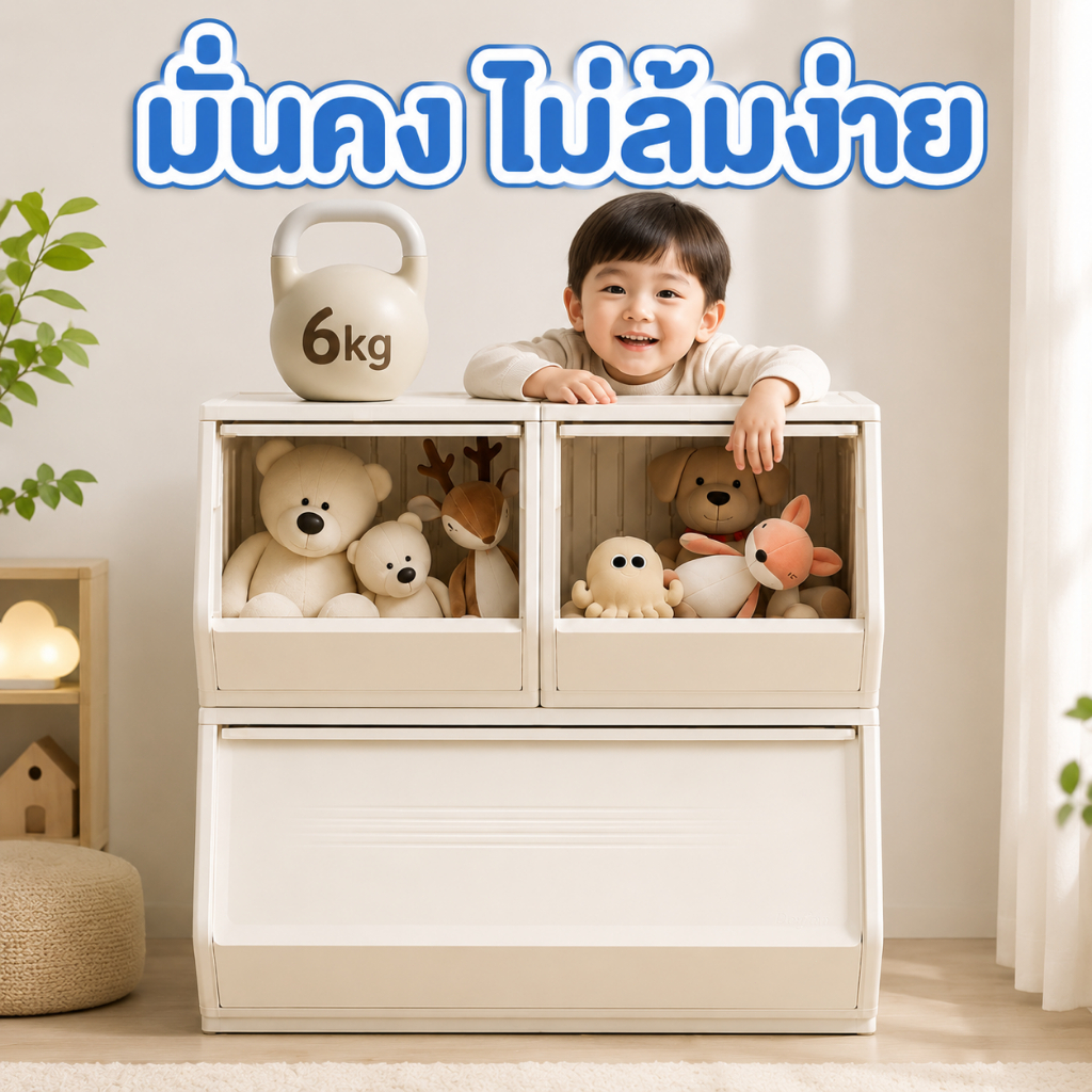 กล่องเก็บของเปิดหน้า สีครีม กล่องพลาสติกวางซ้อนได้ ประหยัดพื้นที่ มี 2 ขนาด 30/60 ซม. สำหรับห้องเด็ก