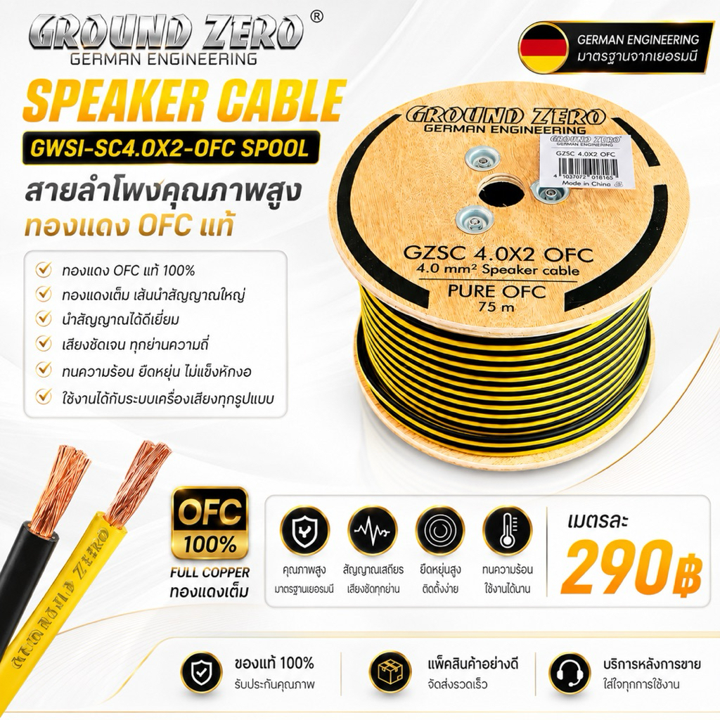 GROUND ZERO GWSI-SC4.0X2-OFC SPOOL สายลำโพงคุณภาพสูง ทองแดง OFC แท้ 100%