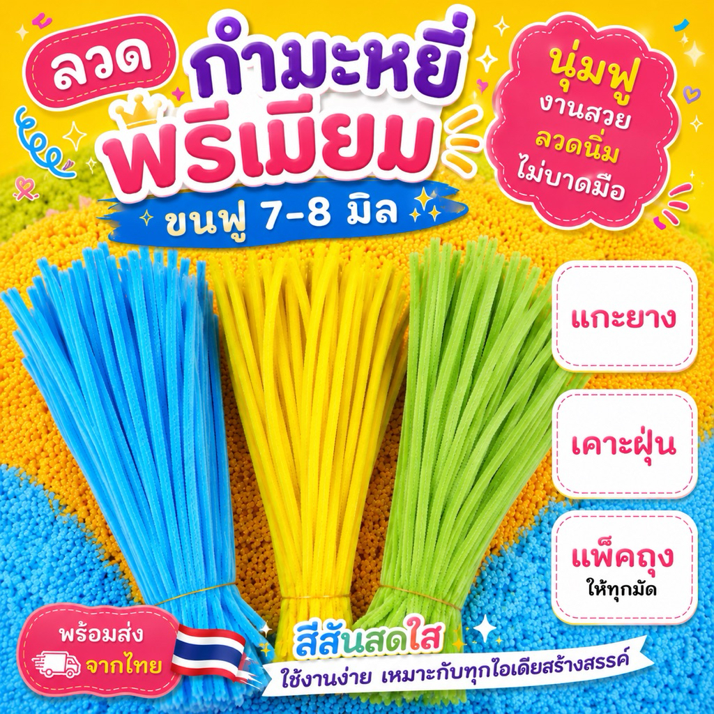 ลวดกำมะหยี่เกรดพรีเมี่ยม ขนฟู 7-8 มิล ความยาว 30 cm 95-100 เส้น/แพ็ค