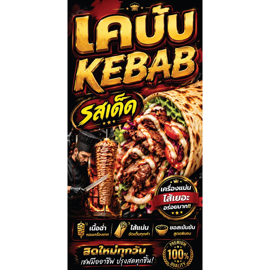 ป้ายไวนิลเคบับ เคบับไก่ kebab PS752-753 พิมพ์ 1 ด้าน เจาะรูตาไก่ฟรี 4 มุม ลูกค้าเลือกขนาดได้ที่ตัวเลือกสินค้า
