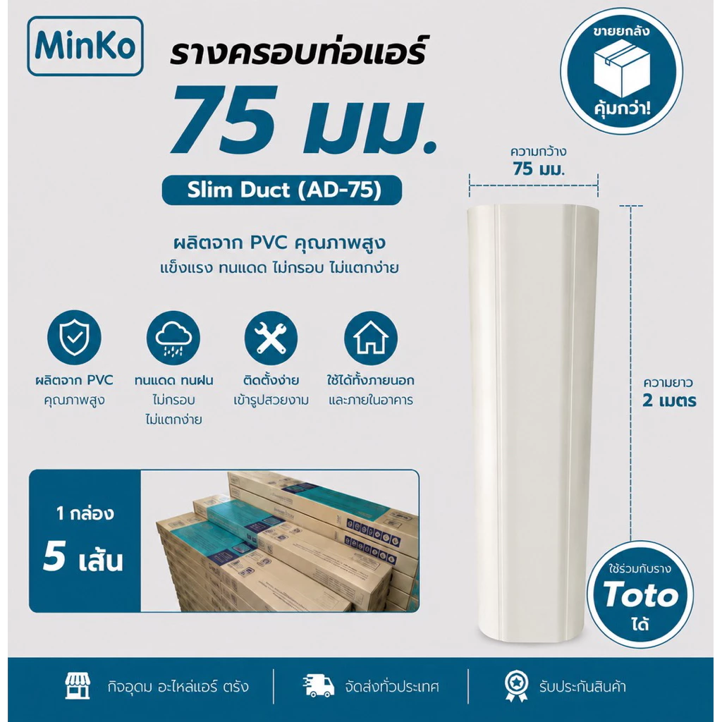 (5 เส้น/กล่อง) รางครอบท่อแอร์ ยี่ห้อ Minko 75 มม. ยาว 2 เมตร สีครีม ฝนแดดทนฝน สีเดียวกับ TOTO ใช้ร่วมกันได้