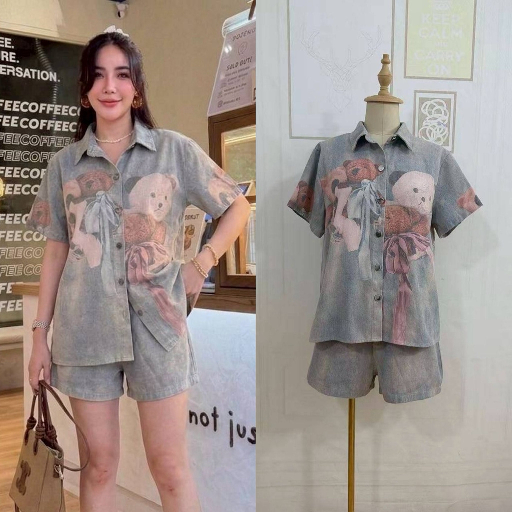 (เอวสม๊อค m,xl,4xl) ชุดยีนส์ ลายหมี งานป้าย alice