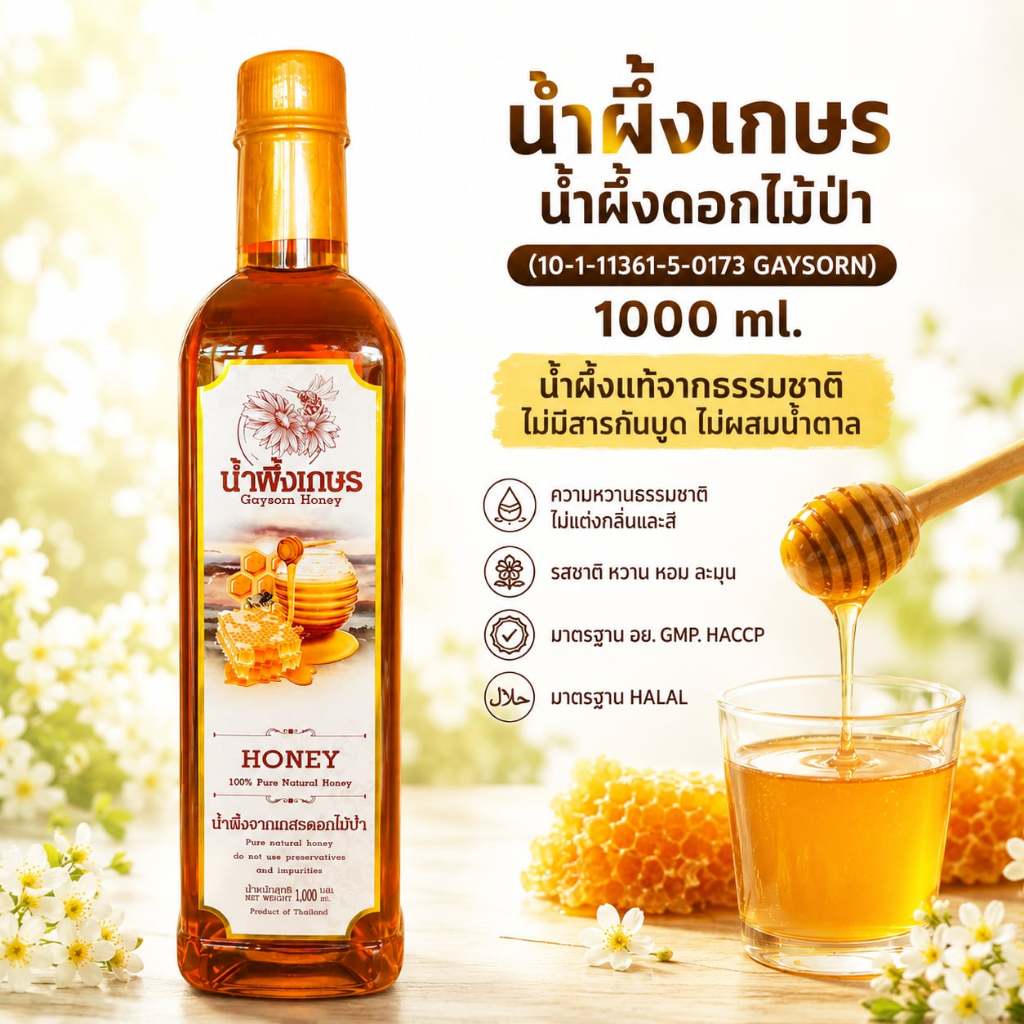 น้ำผึ้งเกษร น้ำผึ้งดอกไม้ป่า (HONEY GAYSORN)  น้ำผึ้งจากดอกไม้นานาชนิด 1ขวด บรรจุ1000ml