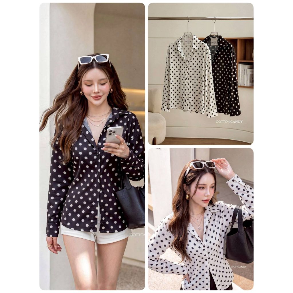 #Cotton Candy 🍭*** ** เสื้อเชิ้ตสายผูกหลัง ลายจุด New Diana top