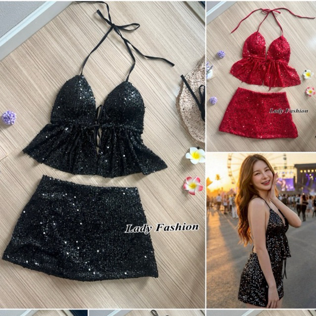 02 เซต 2 ชิ้น เสื้อสายคล้องคอ + กระโปรงสั้น