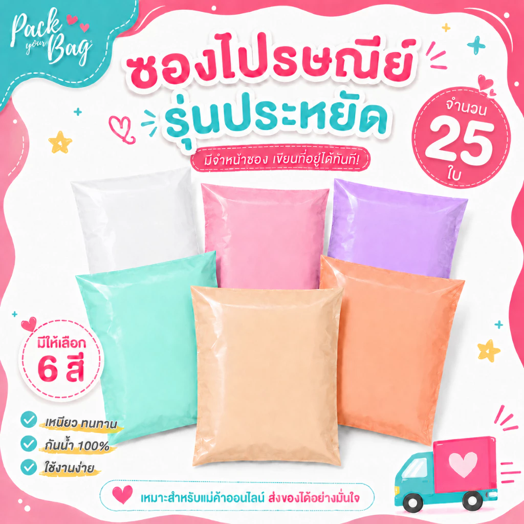 ซองไปรณีย์สีพาสเทล ถุงไปรษณีย์พาสติก ซองไปรษณีย์พาสเทล ซองไปรษณีย์พลาสติก รุ่นไม่จ่าหน้า 25 ใบ
