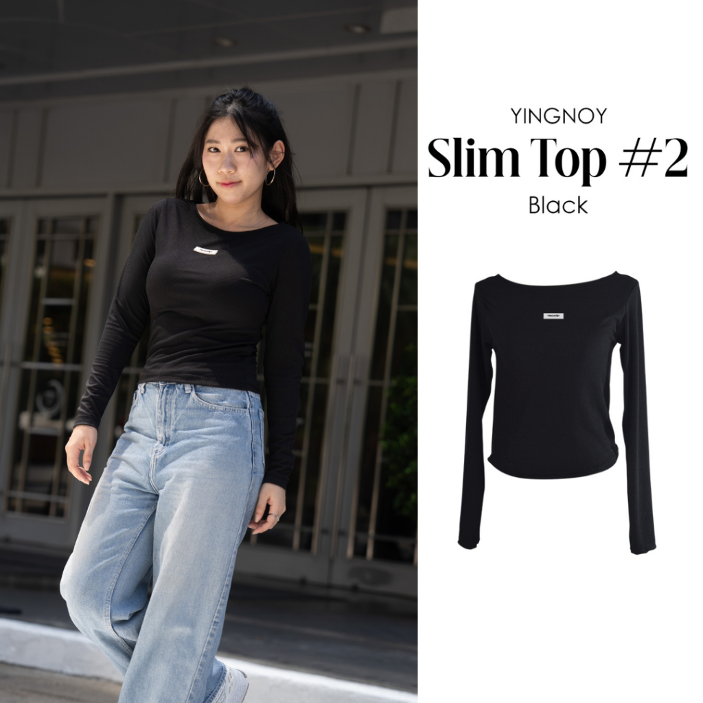 Slim Top#2 | เสื้อแขนยาวแฟชั่นผู้หญิง ทรงเข้ารูป คอกว้าง ดีไซน์มินิมอล พร้อมป้ายยางโลโก้กลางอก สี Black
