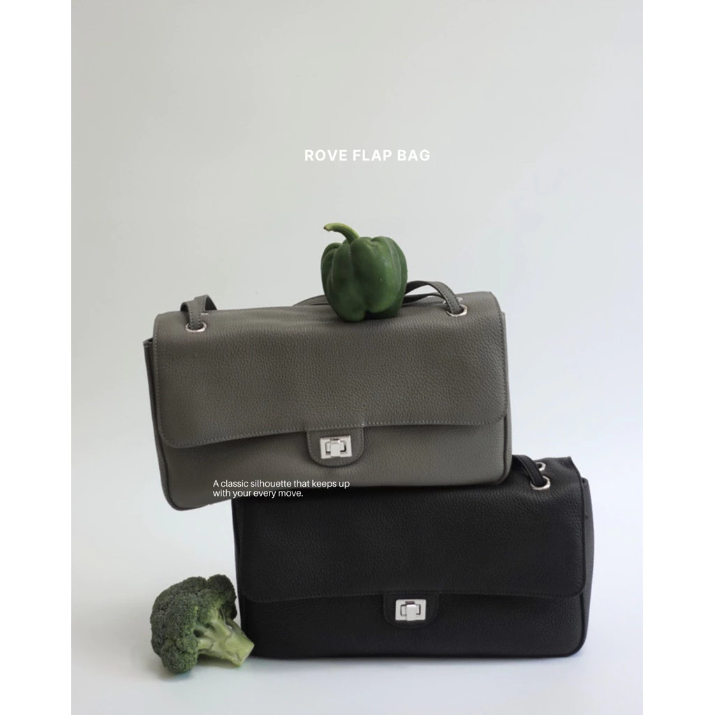 (ดำ Pre~order~20วัน/พร้อมส่ง เทา)picke | Rove Flap bag #picke019 กระเป๋าหนังวัวแท้ กระเป๋าทรงแฟล็บ
