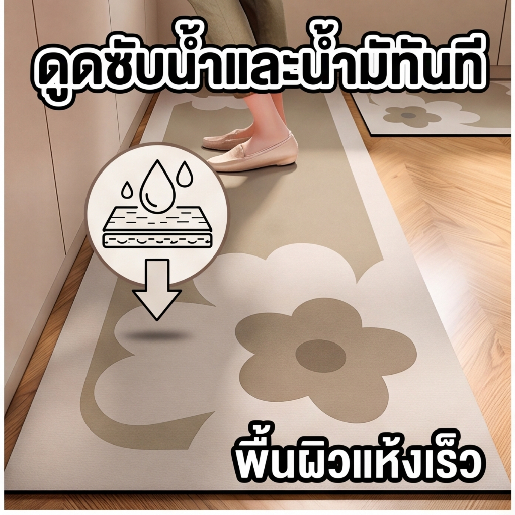 พรมห้องครัว กันลื่น ซับน้ำเร็ว แห้งไว หน้าเตา/อ่างล้างจาน พรมเช็ดเท้า ลินิน + โคลนไดอะตอม ทนทาน ทำความสะอาดง่าย