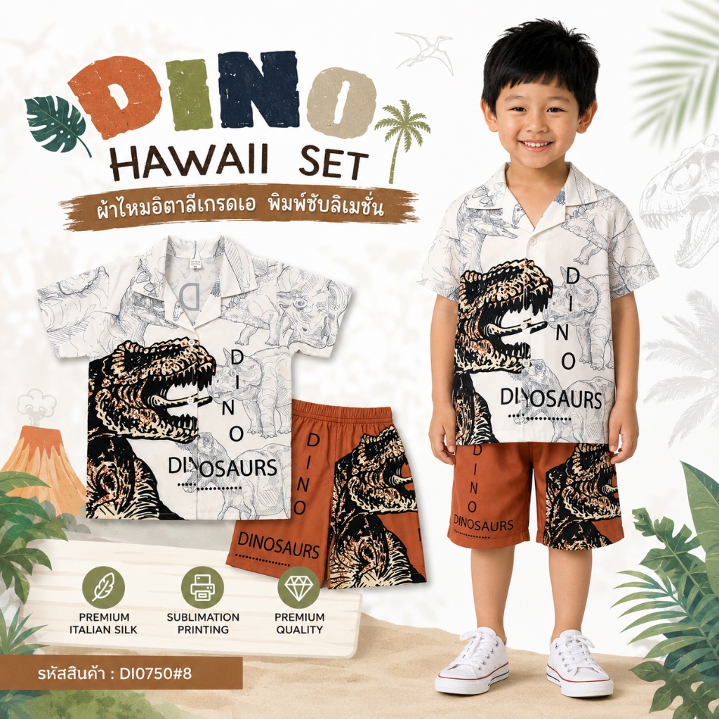 (DI0750#8) ชุดเด็ก เซ็ตเสื้อฮาวาย+กางเกงขาสั้น ผ้าไหมอิตาลีเกรดA ลายการ์ตูน ไดโนเสาร์ เสื้อผ้าเด็กแฟชั่น ชุดเที่ยวทะเล