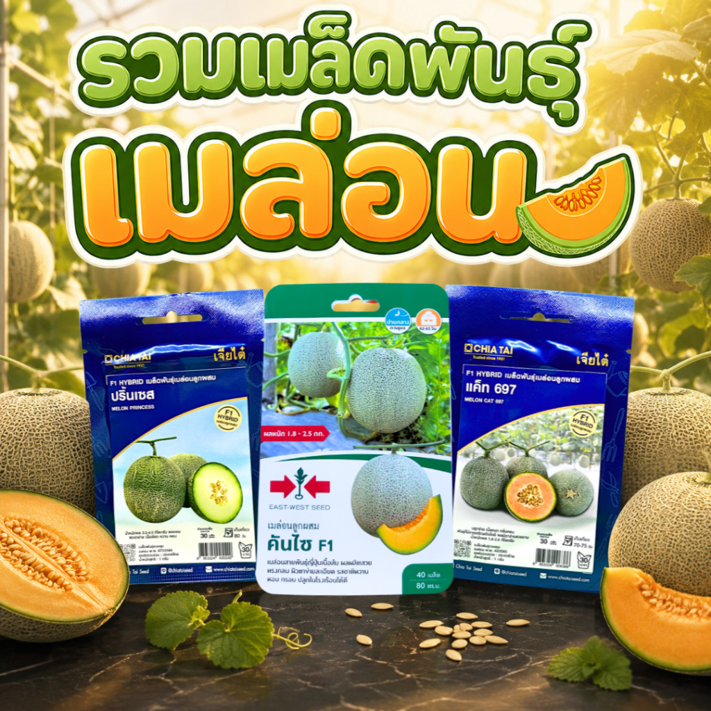 เมล็ดเมล่อน หวานฉ่ำ เนื้อแน่น กลิ่นหอม (**เมล็ดเมล่อนลูกผสม F1 Hybrid**) มีหลายสายพันธุ์ให้เลือก