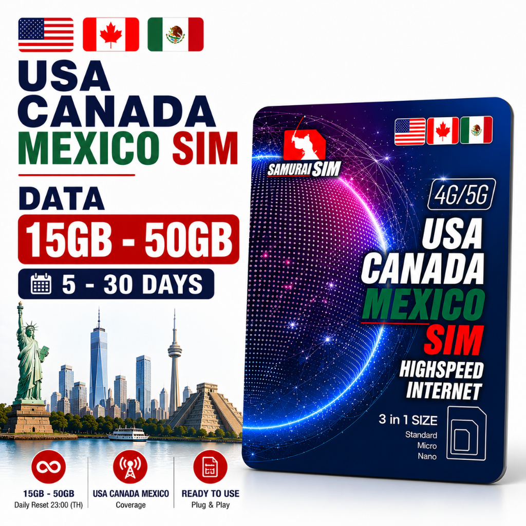Samurai SIM ซิมอเมริกา USA Canada Mexico 4G/5G Unlimited เน็ตไม่อั้น 5-30 วัน