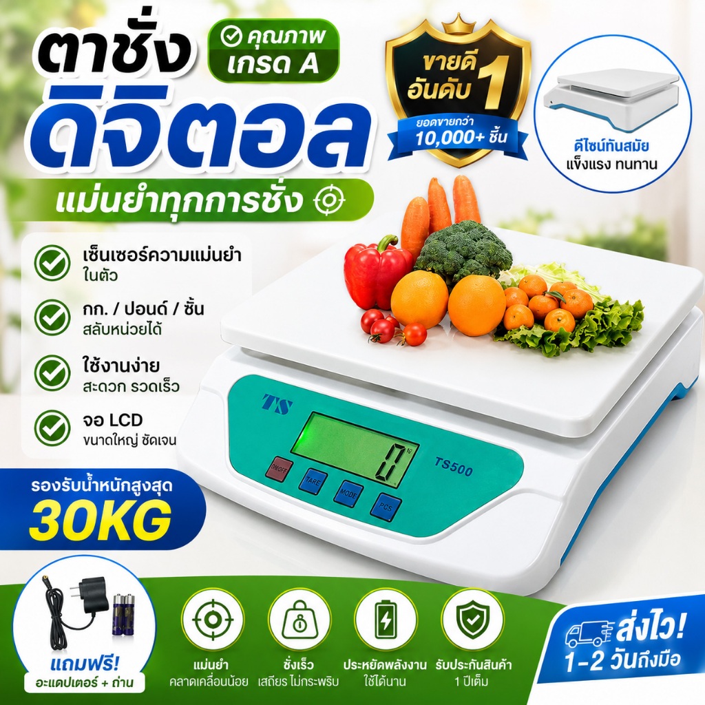 ⚖️เครื่องชั่งดิจิตอล 30kg/1g ใช้ถ่าน + เสียบไฟได้ 2 วิธี นับชิ้นได้ ปรับหน่วย kg/lb/oz จอชัด เหมาะกับครัวเรือน ร้านค้า