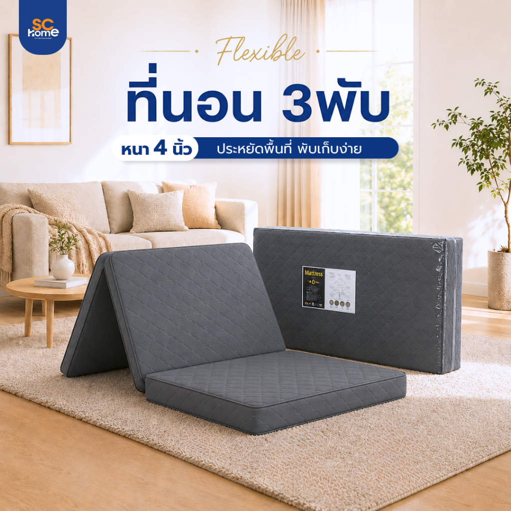 ที่นอน 3 พับ รุ่น Flexible ที่นอนอเนกประสงค์ หนา 4 นิ้ว แบบพกพาสะดวก น้ำหนักเบา