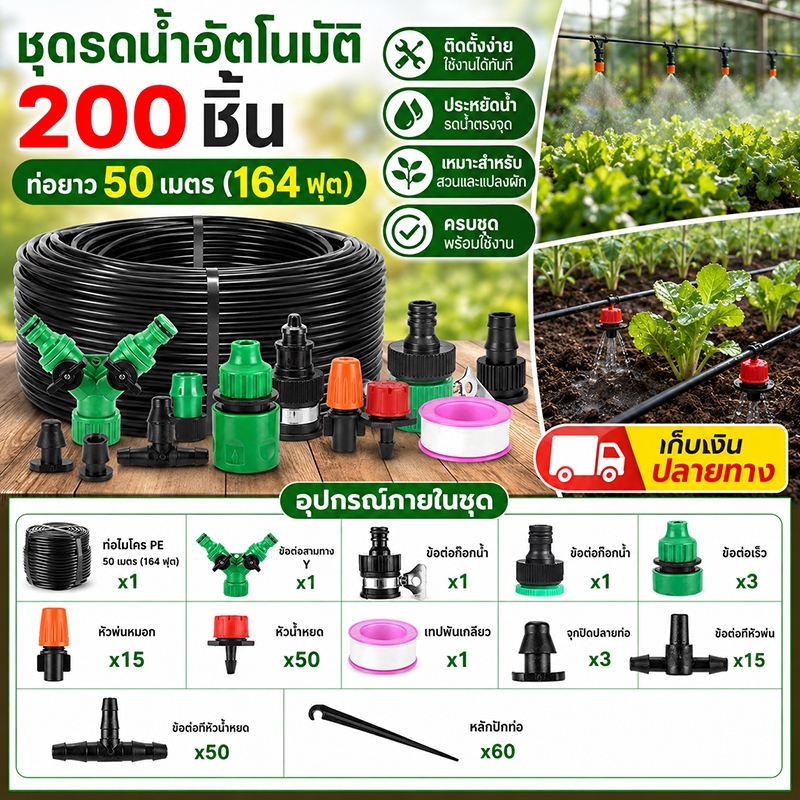ขายดี ชุดรดน้ำอัตโนมัติ200ชิ้น ท่อยาว50เมตร ครบอุปกรณ์พ่นหมอกและน้ำหยด ช่วยรดน้ำสม่ำเสมอ ประหยัดเวลาและน้ำ สำหรับทุกพืช