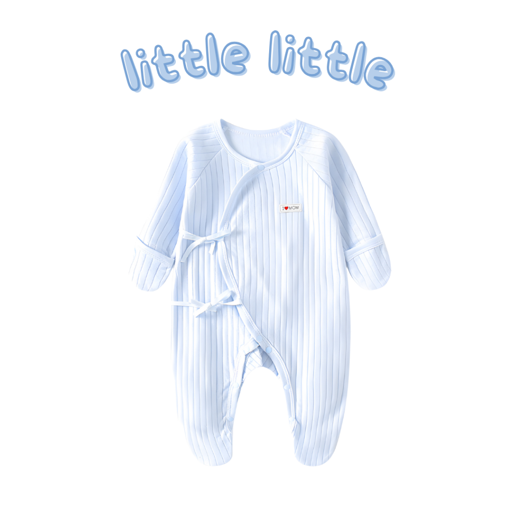 little little -  ชุดบอดี้สูทเด็กแรกเกิด ลายสัตว์ซาฟารี คลุมมือคลุมเท้า เชือกผูกโบว์ด้านหน้า กระดุมแป๊กส่วนขา